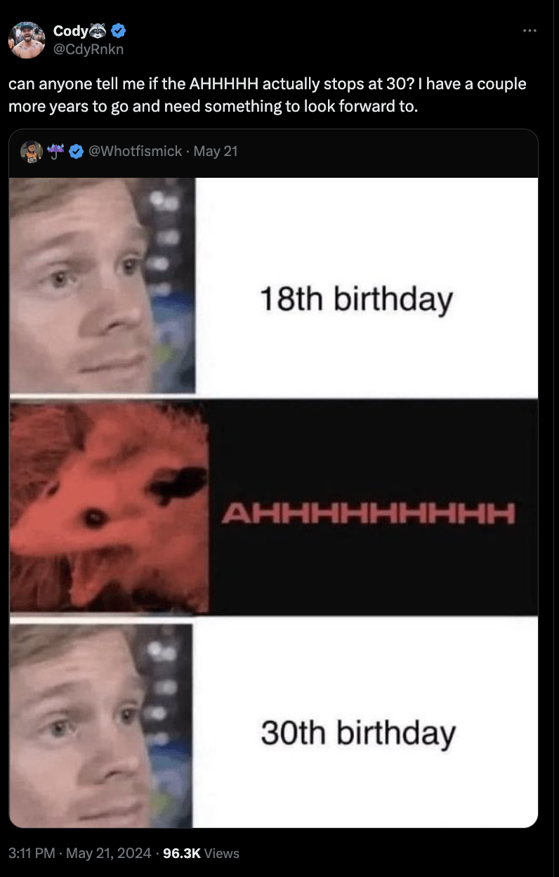 18 30 meme - Cody CdyRnkn can anyone tell me if the Ahhhhh actually stops at 30? I have a couple more years to go and need something to look forward to. Whotfismick May 21 18th birthday Views 30th birthday